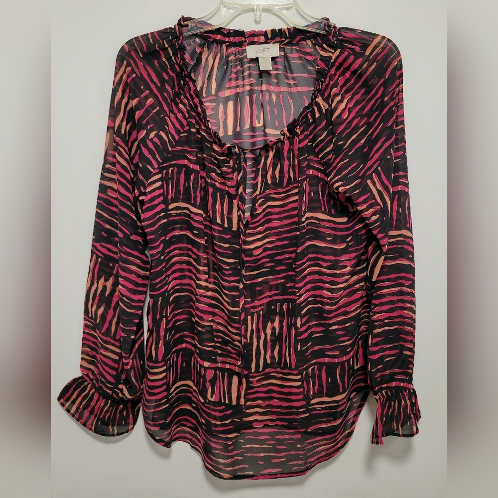 Ann Taylor LOFT Long Sleeve Sheer Blouse Tie Neck Top Ruffle Black Pink Orange M